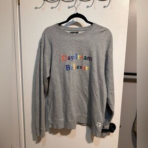Roots daydream believer rainbow spell out gray pullover crewneck sweatshirt